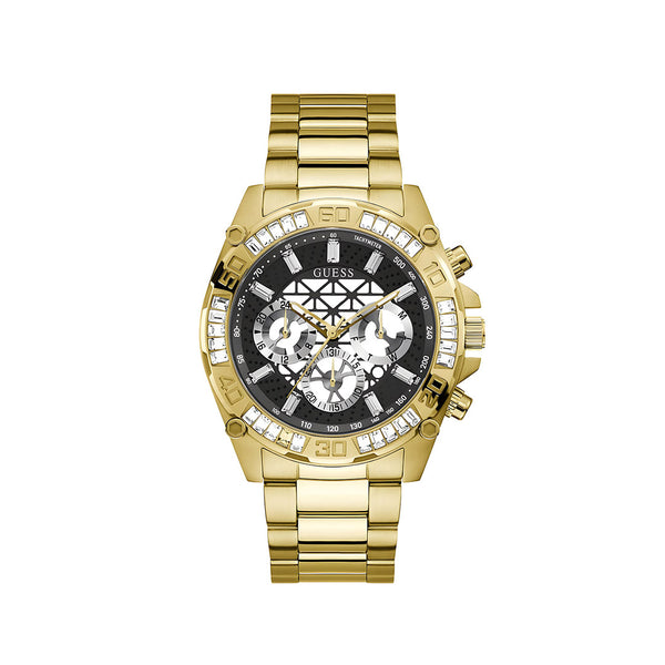 Guess Trophy Diamonds Black Dial Gold Steel Strap Watch for Men - GW0390G2