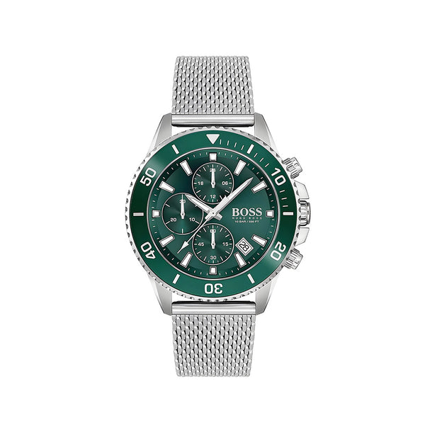 Hugo Boss Admiral Green Dial Silver Mesh Bracelet Watch for Men - 1513905