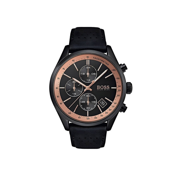 Hugo Boss Grand Prix Chronograph Black Dial Black Leather Strap Watch for Men - 1513550