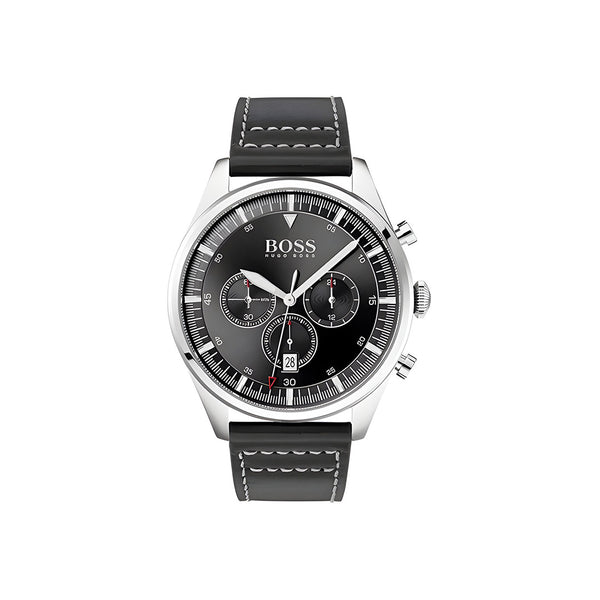 Hugo Boss Pioneer Chronograph Black Dial Black Leather Strap Watch For Men - 1513708