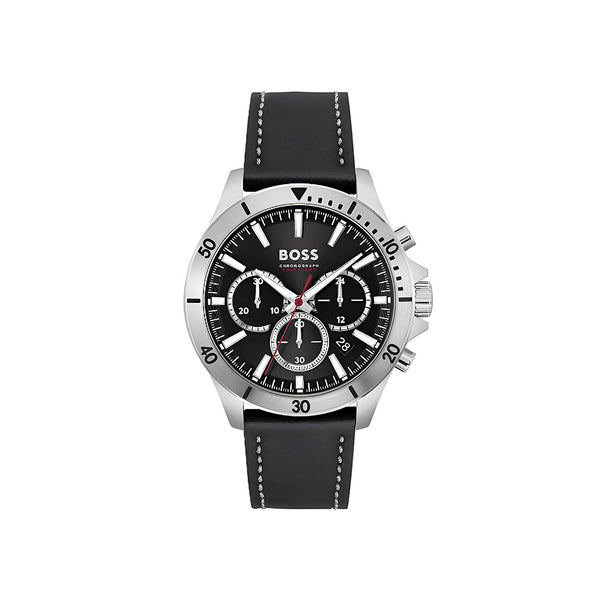 Hugo Boss Troper Chronograph Black Dial Black Leather Strap Watch for Men - 1514055
