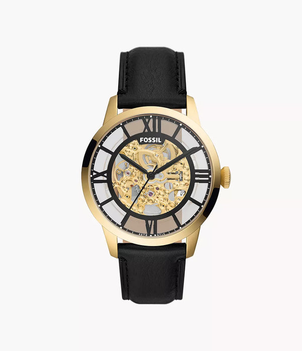 Fossil Townsman Automatic Skeleton Black Dial Black Leather Strap Watch for Men - ME3210