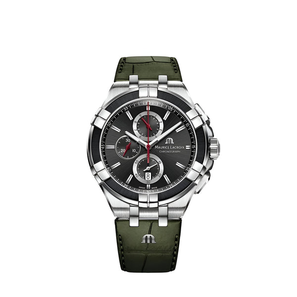 Maurice Lacroix Aikon Chronograph Black Dial Green Leather Strap Watch for Men - AI1018-PVB21-330-1