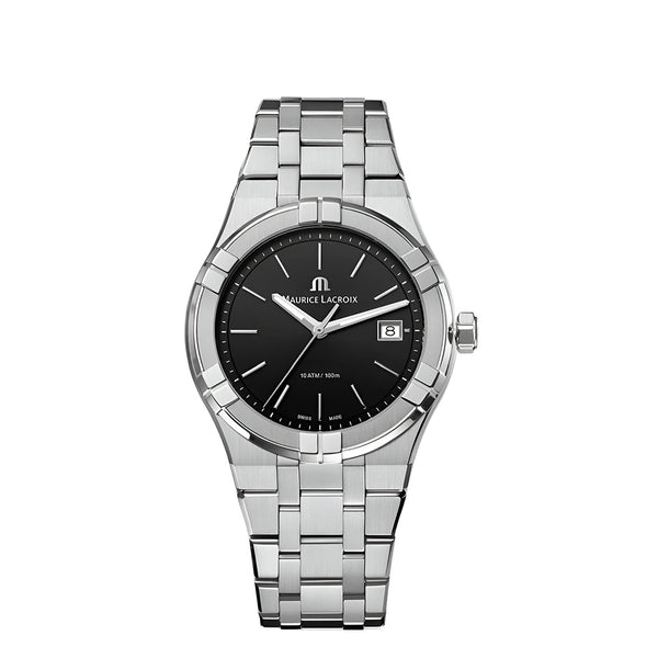 Maurice Lacroix Aikon Date Quartz Black Dial Silver Steel Strap Watch for Men - AI1108-SS002-330-1