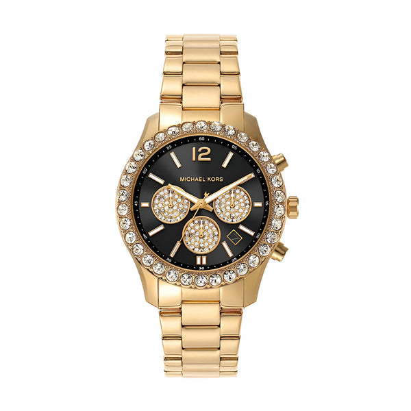 Michael Kors Berkley Chronograph Black Dial Gold Steel Strap Watch For Women - MK7414