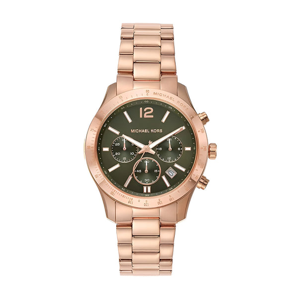 Michael Kors Berkley Chronograph Green Dial Rose Gold Steel Strap Watch For Women - MK7412