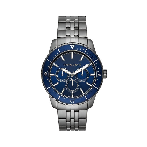 Michael Kors Chronograph Cunningham Multifunction Blue Dial Grey Steel Strap Watch For Men - MK7155
