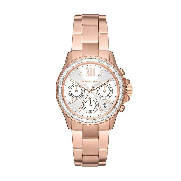 Michael Kors Everest Chronograph Silver Dial Rose Gold Steel Strap Watch For Women - MK7213