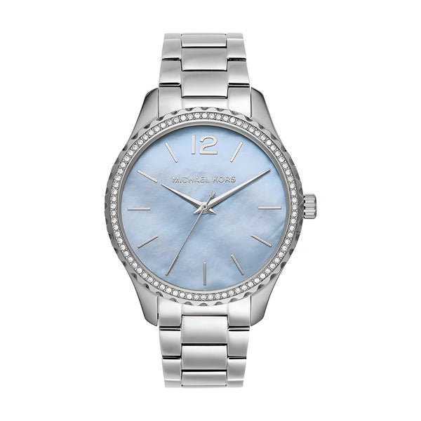 Michael Kors Layton Mother of Pearl Blue Dial Silver Steel Strap Watch For Women - MK6847