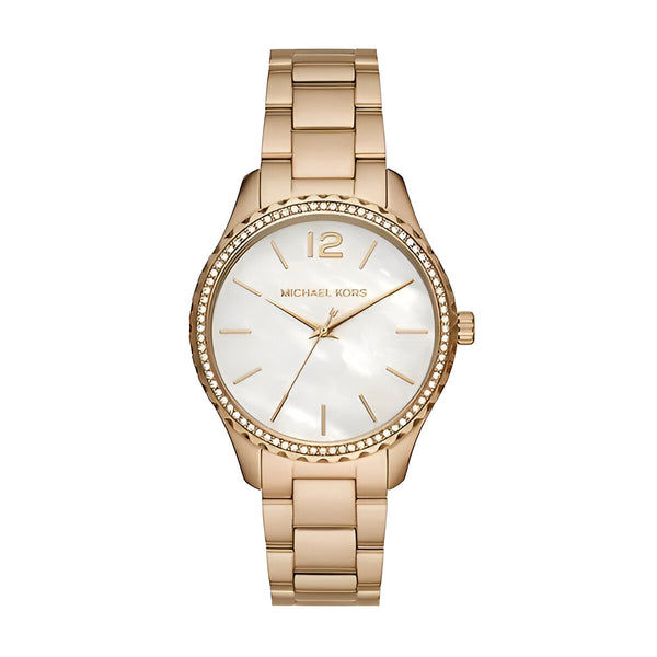 Michael Kors Layton Three Hand Mother of Pearl White Dial Gold Steel Strap Watch For Women - MK6870