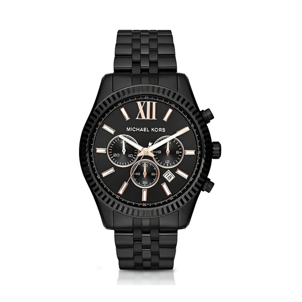 Michael Kors Lexington Chronograph Black Dial Black Steel Strap Watch For Men - MK8467