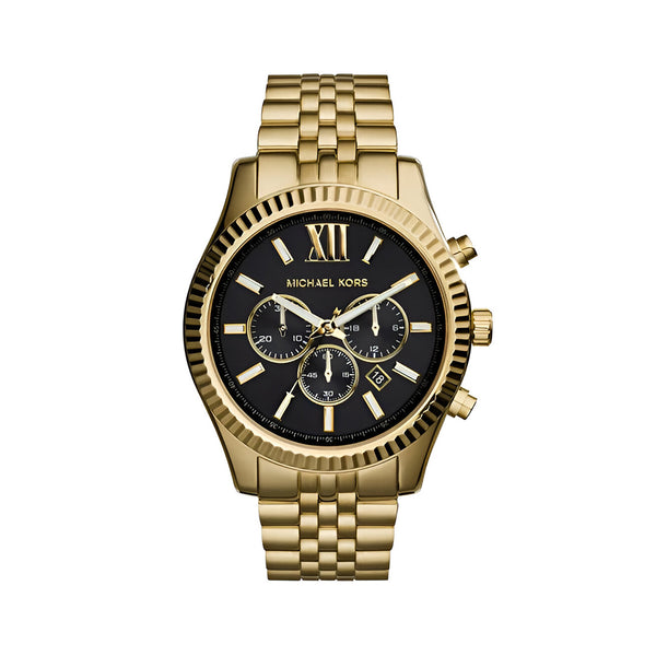 Michael Kors Lexington Chronograph Black Dial Gold Steel Strap Watch for Men - MK8286