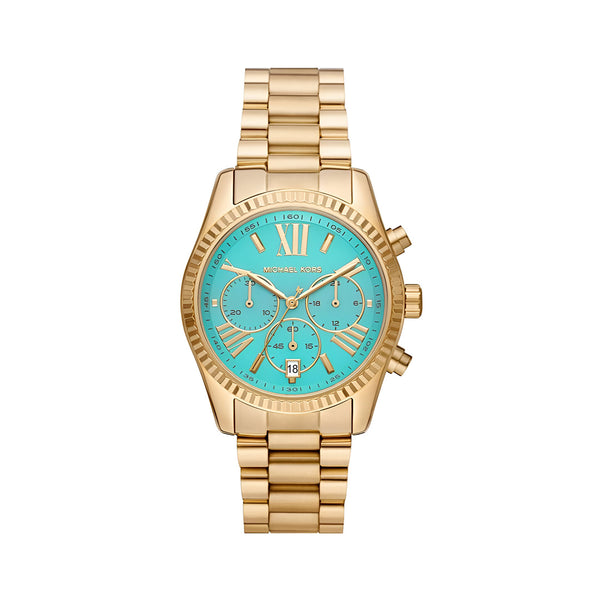 Michael Kors Lexington Chronograph Blue Dial Gold Steel Strap Watch For Women - MK7216