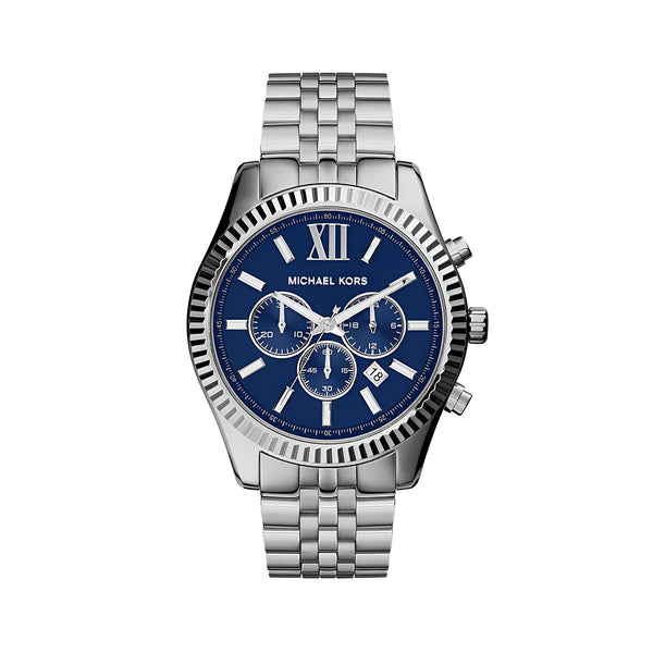 Michael Kors Lexington Chronograph Blue Dial Silver Steel Strap Watch for Men - MK8280