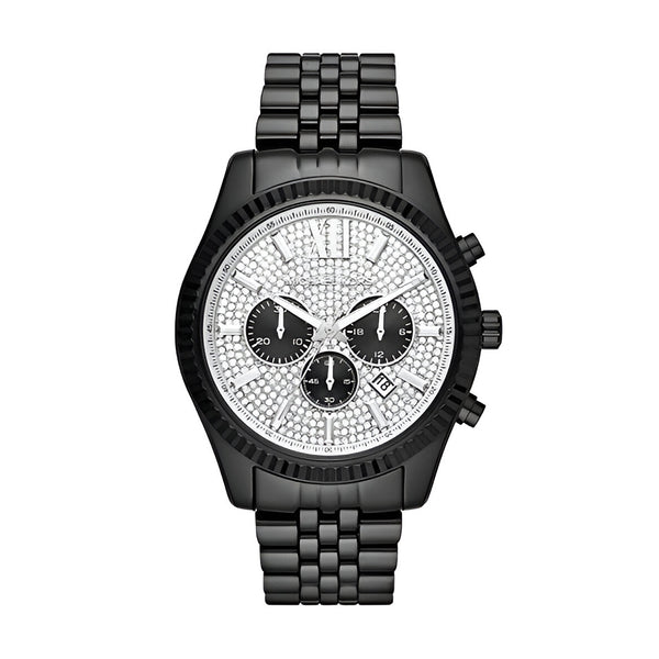 Michael Kors Lexington Chronograph Crystals Silver Dial Black Steel Strap Watch for Men - MK8605