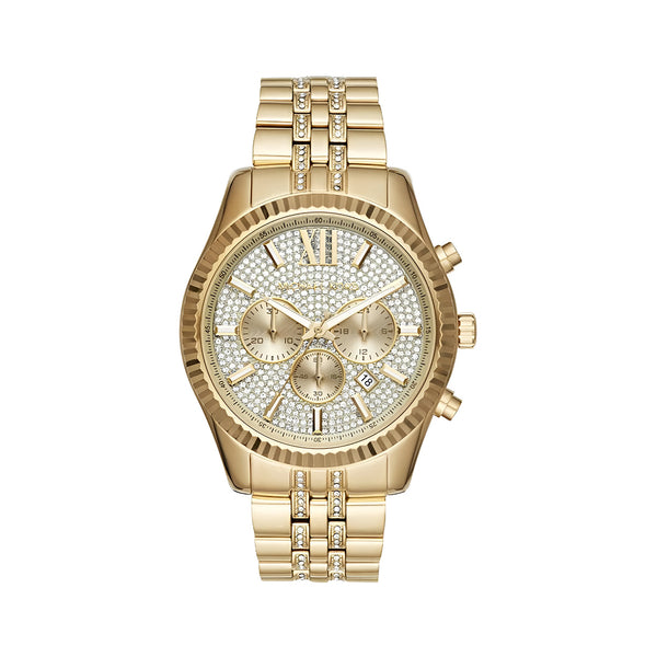 Michael Kors Lexington Chronograph Gold Dial Gold Steel Strap Watch For Men - MK8579