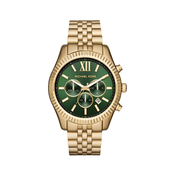 Michael Kors Lexington Chronograph Green Dial Gold Steel Strap Watch for Men - MK8446