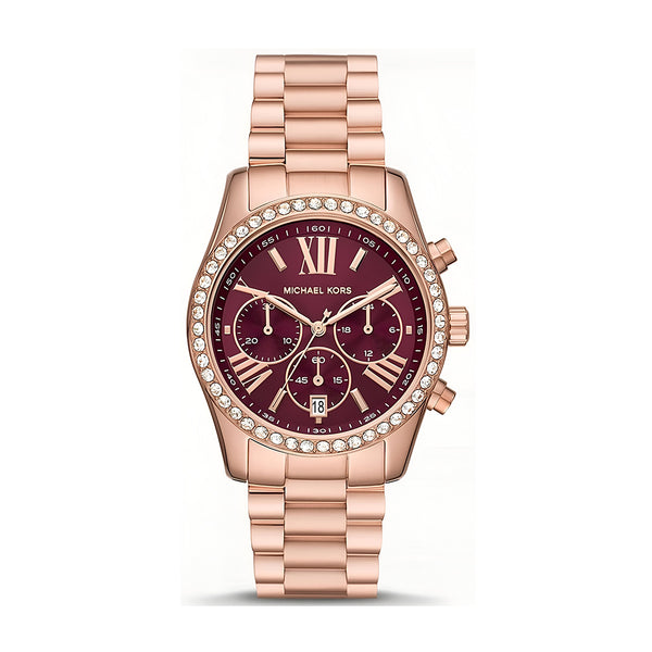Michael Kors Lexington Chronograph Red Dial Rose Gold Steel Strap Watch For Women - MK7275