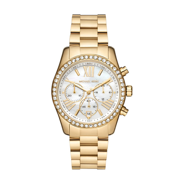 Michael Kors Lexington Mother of Pearl White Dial Gold Steel Strap Watch For Women - MK7241