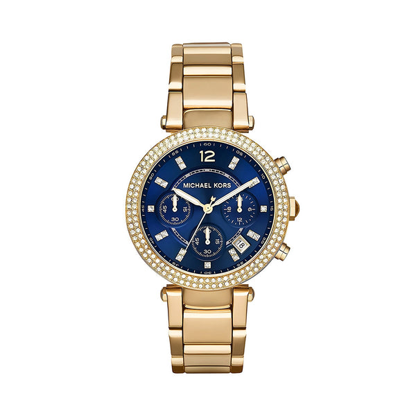 Michael Kors Parker Chronograph Blue Dial Gold Steel Strap Watch For Women - MK6262