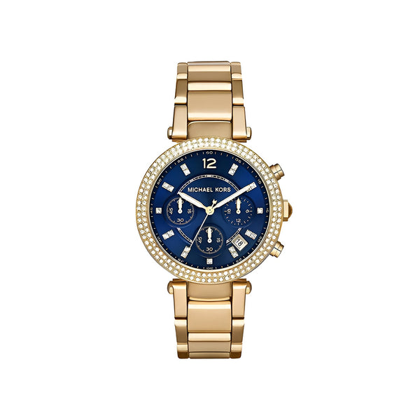 Michael Kors Parker Chronograph Blue Dial Gold Steel Strap Watch For Women - MK6262