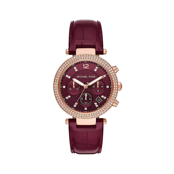 Michael Kors Parker Chronograph Red Dial Red Leather Strap Watch For Women - MK6986