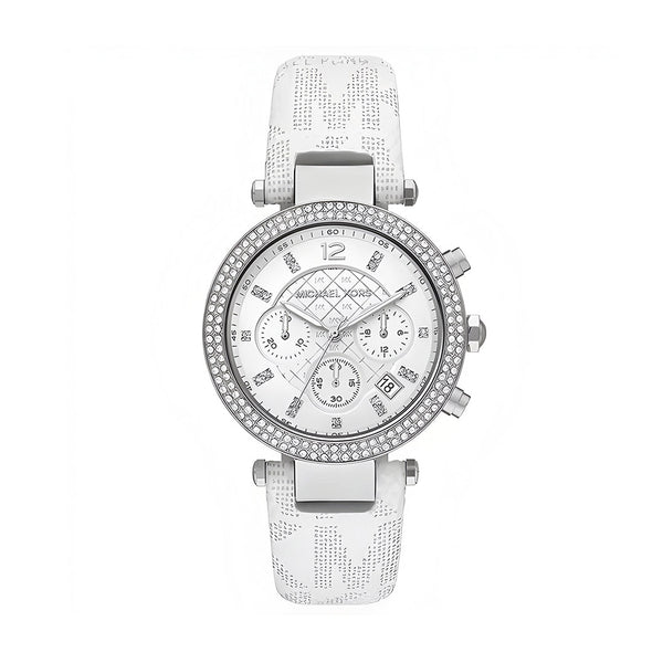 Michael Kors Parker Chronograph White Dial White Leather Strap Watch For Women - MK7226