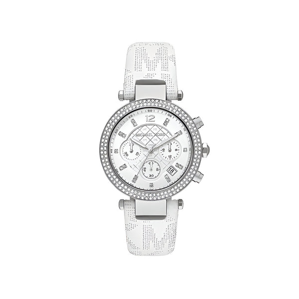 Michael Kors Parker Chronograph White Dial White Leather Strap Watch For Women - MK7226