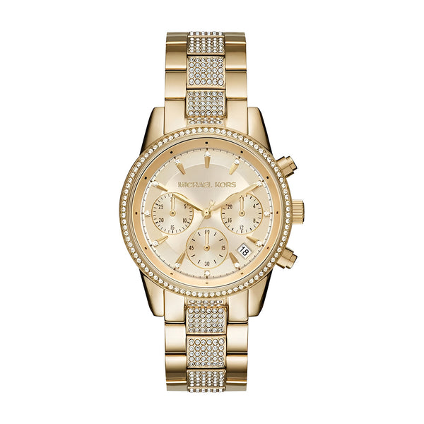 Michael Kors Ritz Chronograph Gold Dial Gold Steel Strap Watch For Women - MK6484