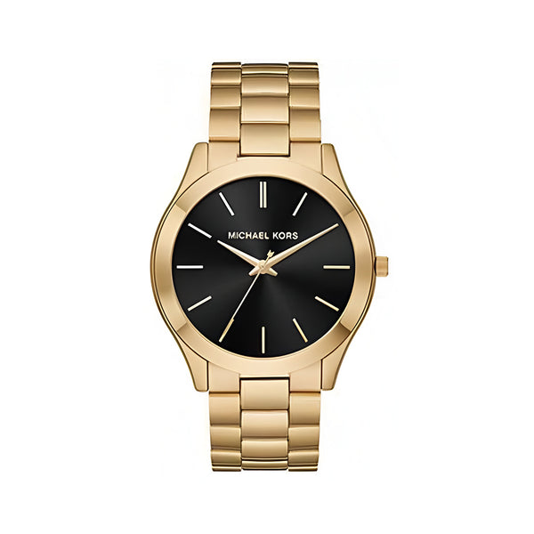 Michael Kors Slim Runway Quartz Black Dial Gold Steel Strap Watch For Men - MK8621