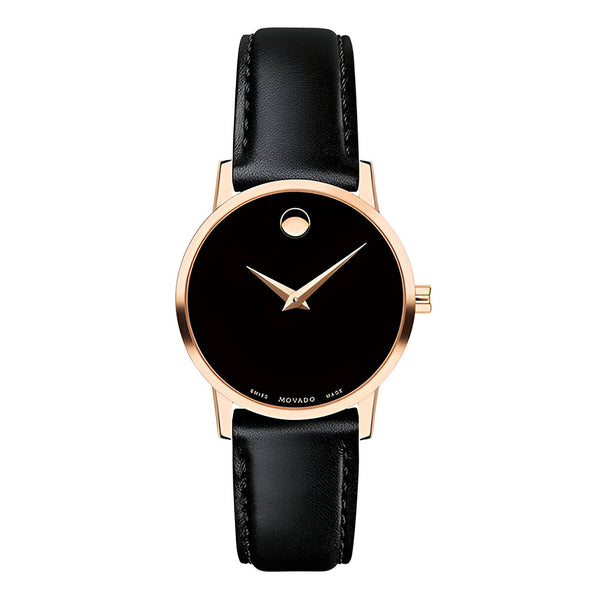 Movado Swiss Made Quartz Leather Strap Black Dial 28mm Watch for Women-607276