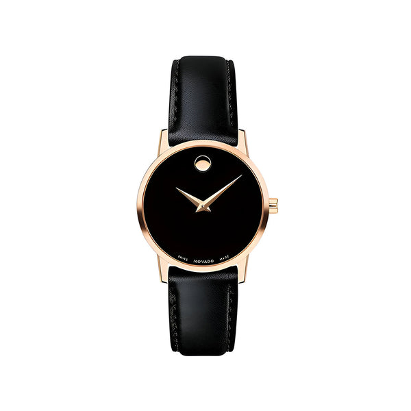 Movado Swiss Made Quartz Leather Strap Black Dial 28mm Watch for Women-607276