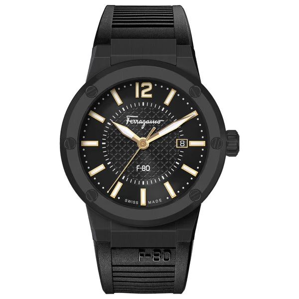 Salvatore Ferragamo F-80 Classic Black Dial Black Rubber Strap Watch for Men - SFHY01622