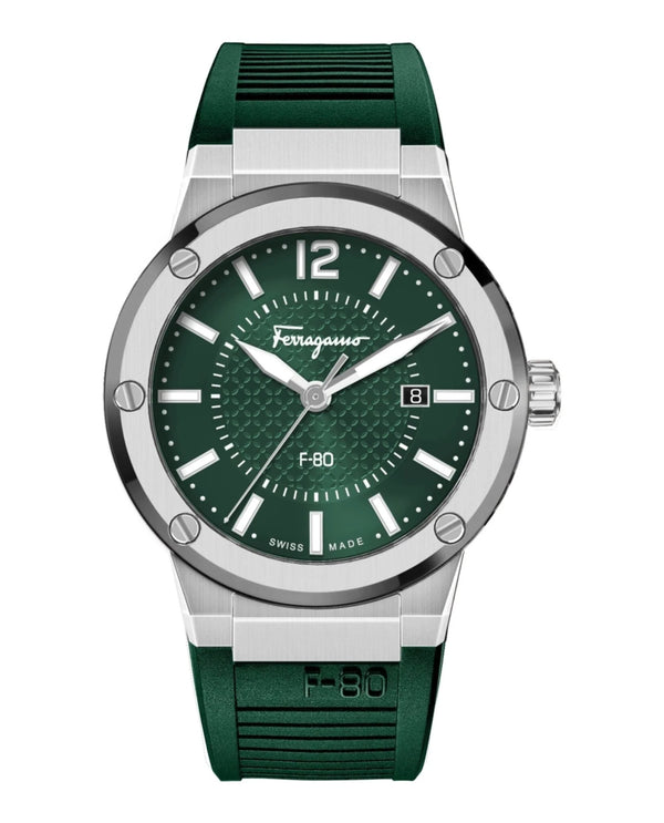 Salvatore Ferragamo F-80 Classic Green Dial Green Rubber Strap Watch for Men - SFHY02722