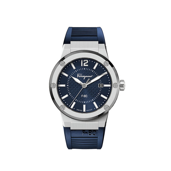 Salvatore Ferragamo F-80 Blue Dial Blue Rubber Strap Watch For Men - SFHY01022