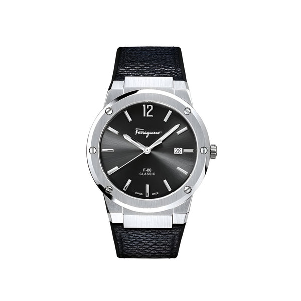 Salvatore Ferragamo F-80 Classic Black Dial Black Leather Strap Watch for Men - SFDT00619