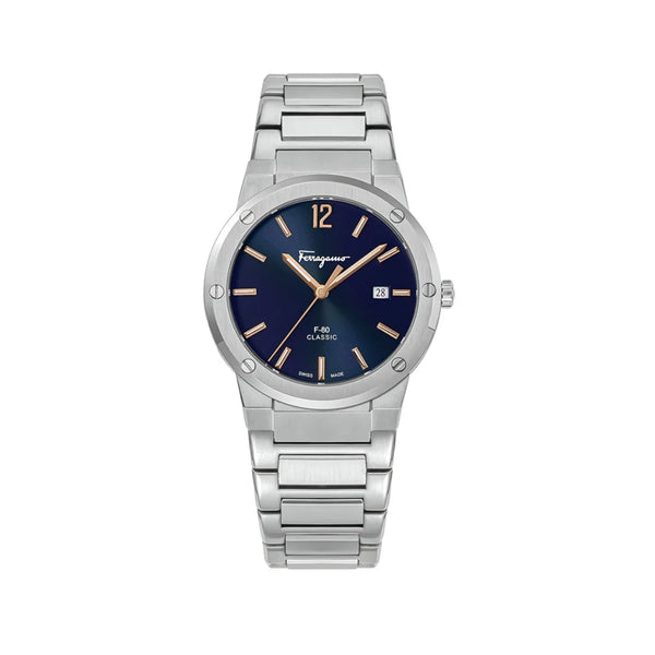 Salvatore Ferragamo F-80 Classic Black Dial Silver Steel Strap Watch for Men - SFDT02423