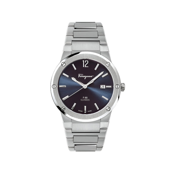 Salvatore Ferragamo F-80 Classic Blue Dial Silver Steel Strap Watch for Men - SFDT01320