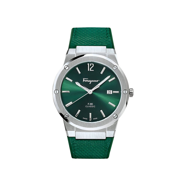 Salvatore Ferragamo F-80 Classic Green Dial Green Leather Strap Watch for Men - SFDT00519