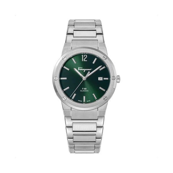 Salvatore Ferragamo F-80 Classic Green Dial Silver Steel Strap Watch for Men - SFDT02123