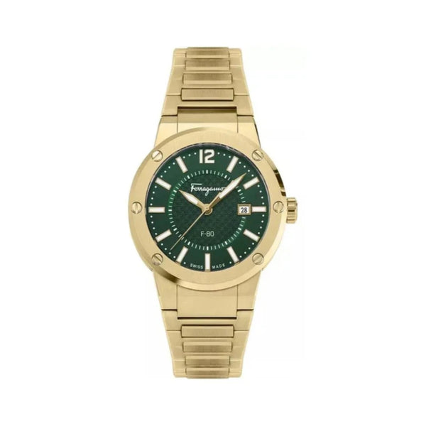 Salvatore Ferragamo F-80 Green Dial Gold Steel Strap Watch for Men - SFHY02921