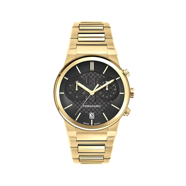 Salvatore Ferragamo Sapphire Chrono Black Dial Gold Steel Strap Watch for Men - SFME01323
