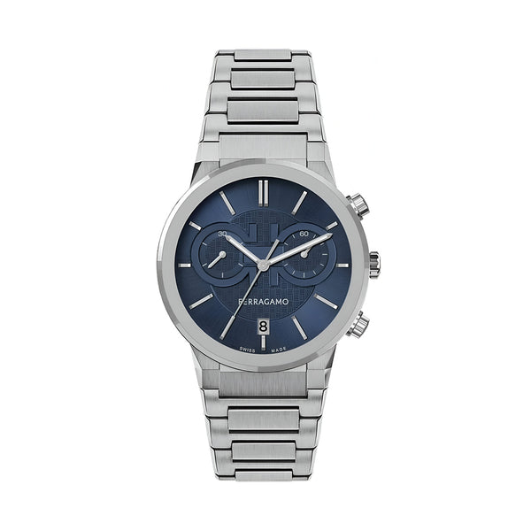 Salvatore Ferragamo Sapphire Chrono Blue Dial Silver Steel Strap Watch for Men - SFME01123
