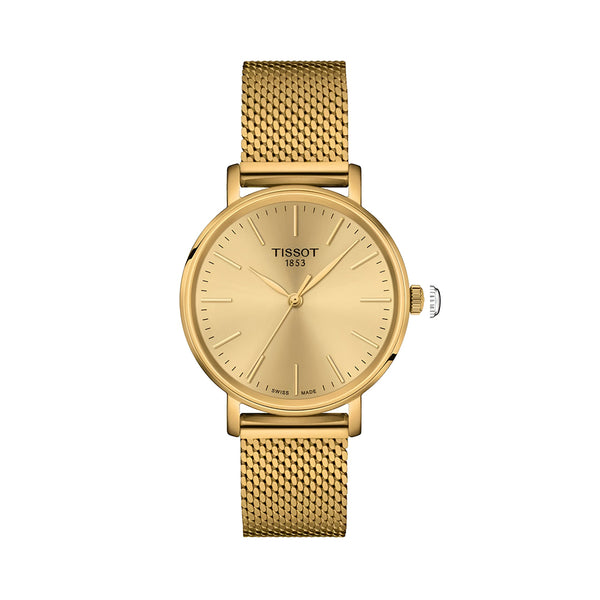 Tissot Everytime Lady Gold Dial Gold Mesh Bracelet Watch for Women - T143.210.33.021.00