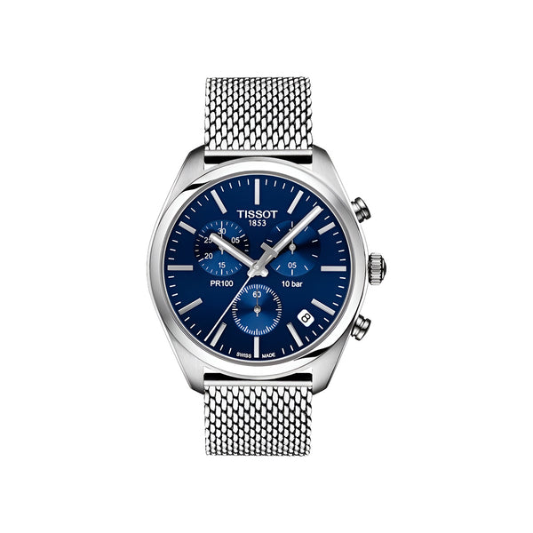 Tissot PR 100 Chronograph Blue Dial Silver Mesh Bracelet Watch for Men - T101.417.11.041.00