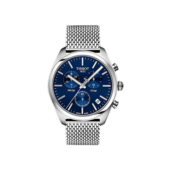 Tissot PR 100 Chronograph Blue Dial Silver Mesh Bracelet Watch for Men - T101.417.11.041.00