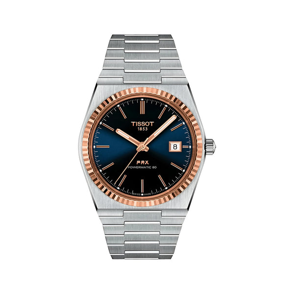 Tissot PRX Powermatic 80 Automatic 18K Gold Blue Dial Silver Steel Strap Watch for Men - T931.407.41.041.00