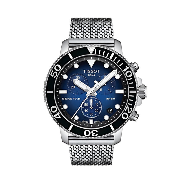 Tissot Seastar 1000 Chronograph Blue Dial Silver Mesh Bracelet Watch For Men - T120.417.11.041.02