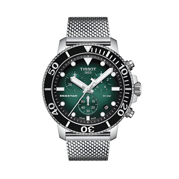 Tissot Seastar 1000 Chronograph Green Dial Silver Mesh Bracelet Watch For Men - T120.417.11.091.00