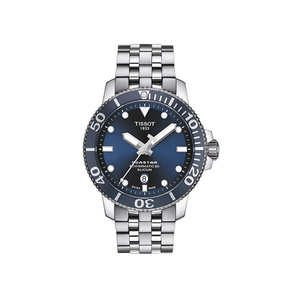 Tissot T Sport Seastar 1000 Powermatic Silicium Blue Dial Silver Steel Strap Watch For Men - T120.407.11.041.01